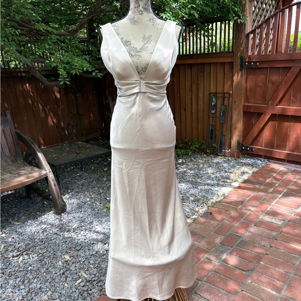 JS Collections Gold Ruched Plunge Maxi Gown